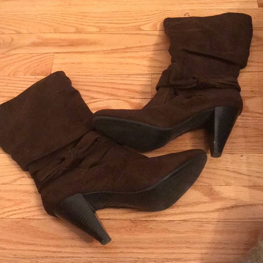 Gently worn brown suede boots